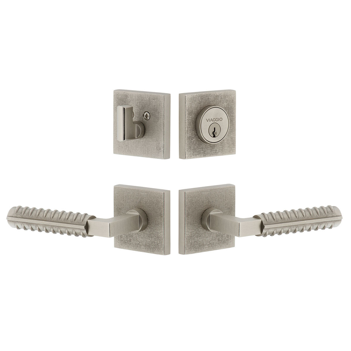 Quadrato Linen Rosette Entry Set with Contempo Rebar Lever in Satin Nickel