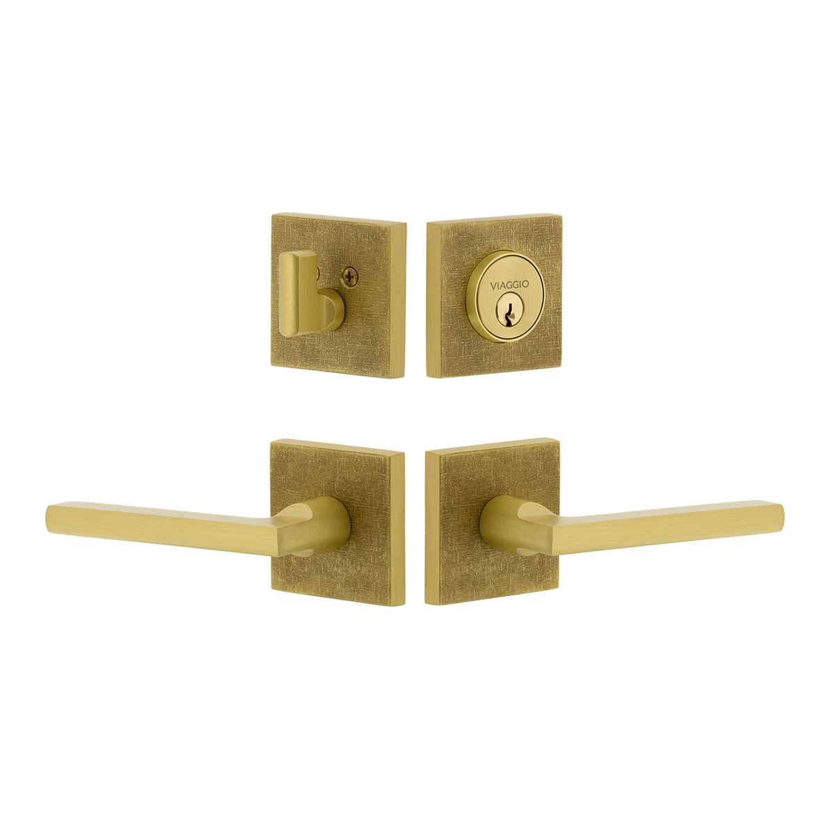 Quadrato Linen Rosette Entry Set with Milano Lever in Satin Brass