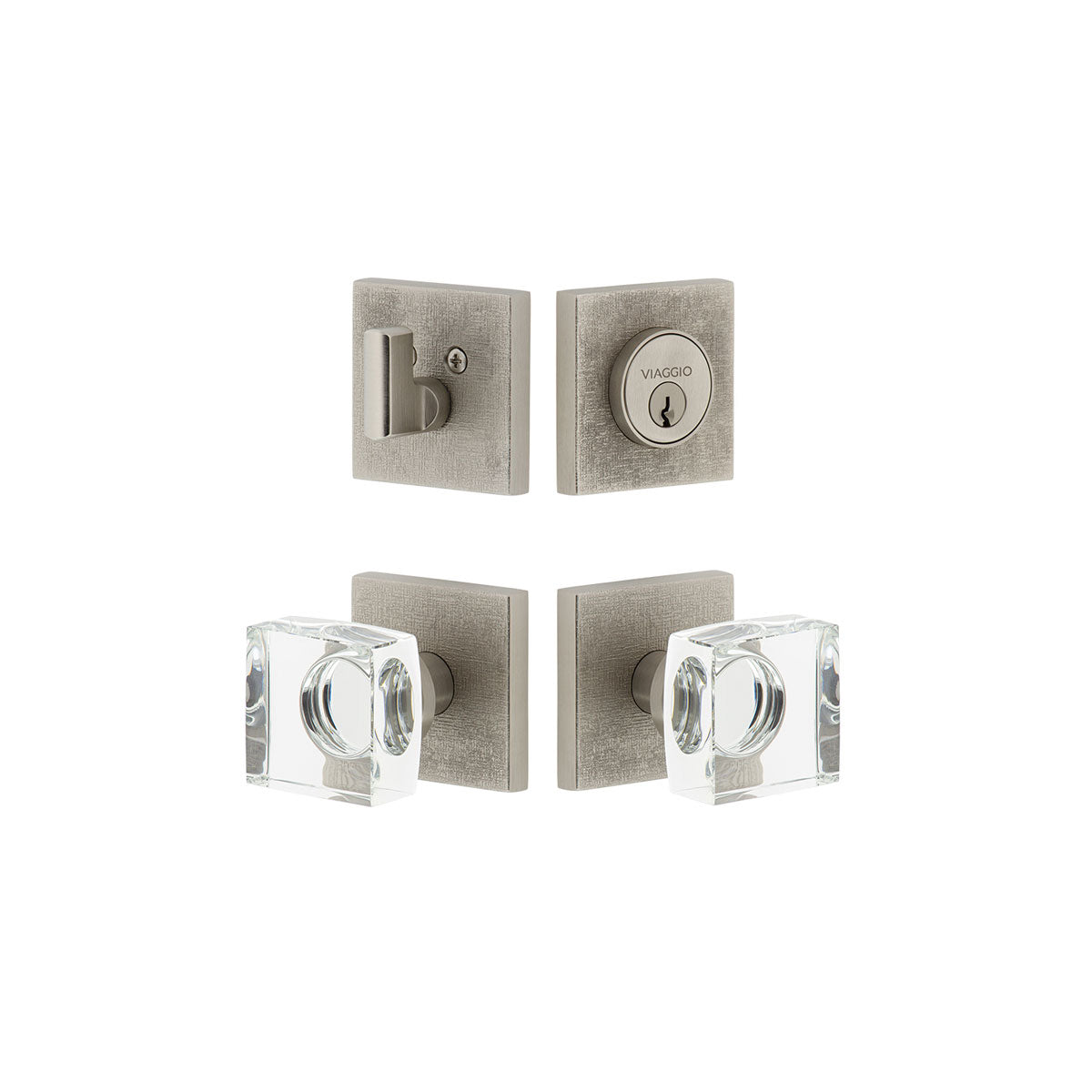 Quadrato Linen Rosette Entry Set with Quadrato Crystal Knob in Satin Nickel