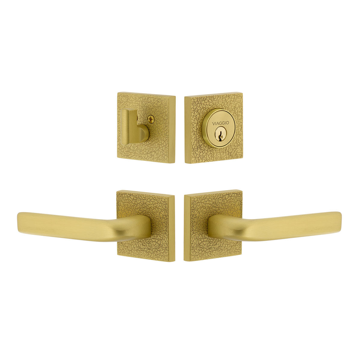 Quadrato Leather Rosette Entry Set with Bella Lever in Satin Brass