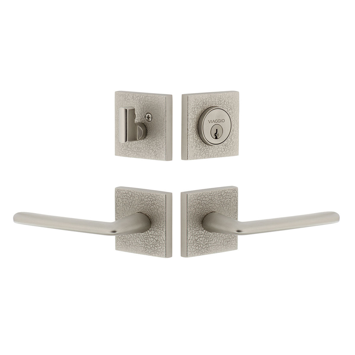 Quadrato Leather Rosette Entry Set with Brezza Lever in Satin Nickel
