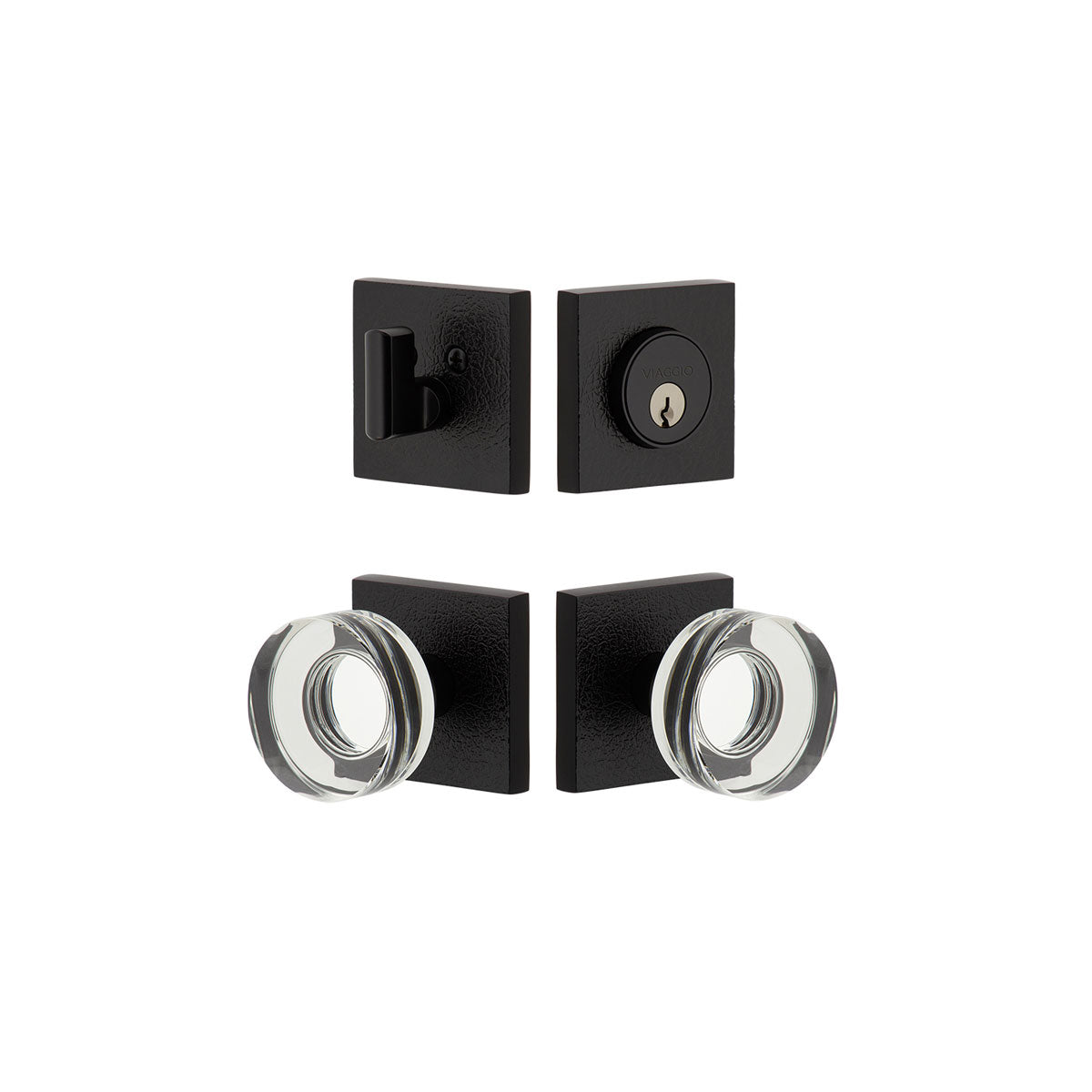 Quadrato Leather Rosette Entry Set with Circolo Crystal Knob in Satin Black