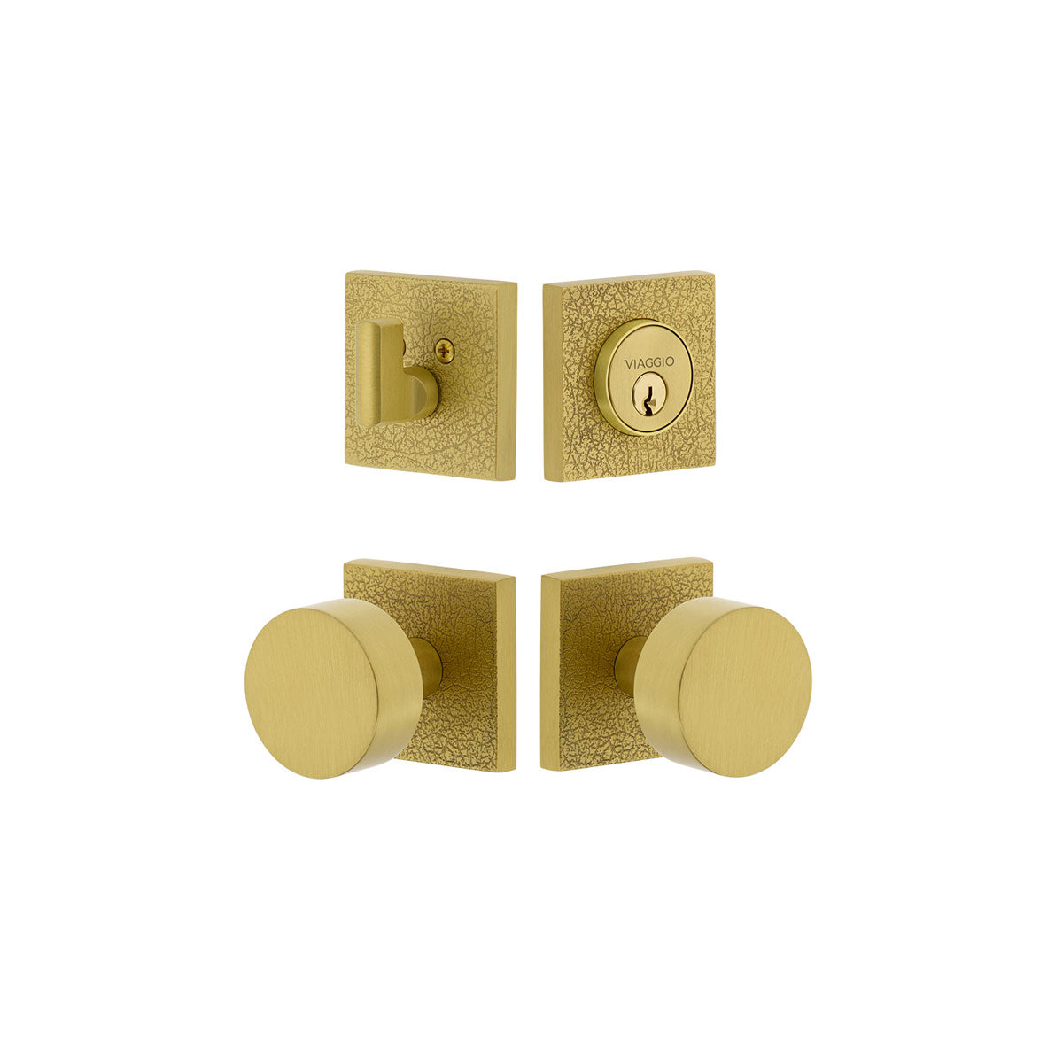 Quadrato Leather Rosette Entry Set with Circolo Knob in Satin Brass