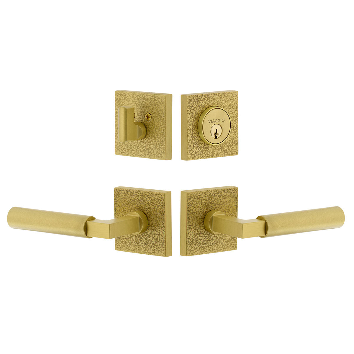 Quadrato Leather Rosette Entry Set with Contempo Lever in Satin Brass