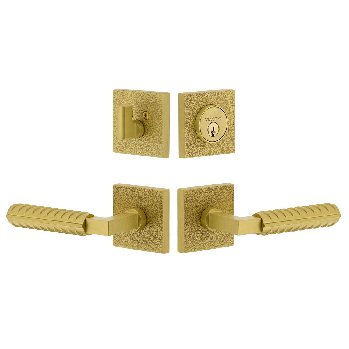 Quadrato Leather Rosette Entry Set with Contempo Rebar Lever in Satin Brass