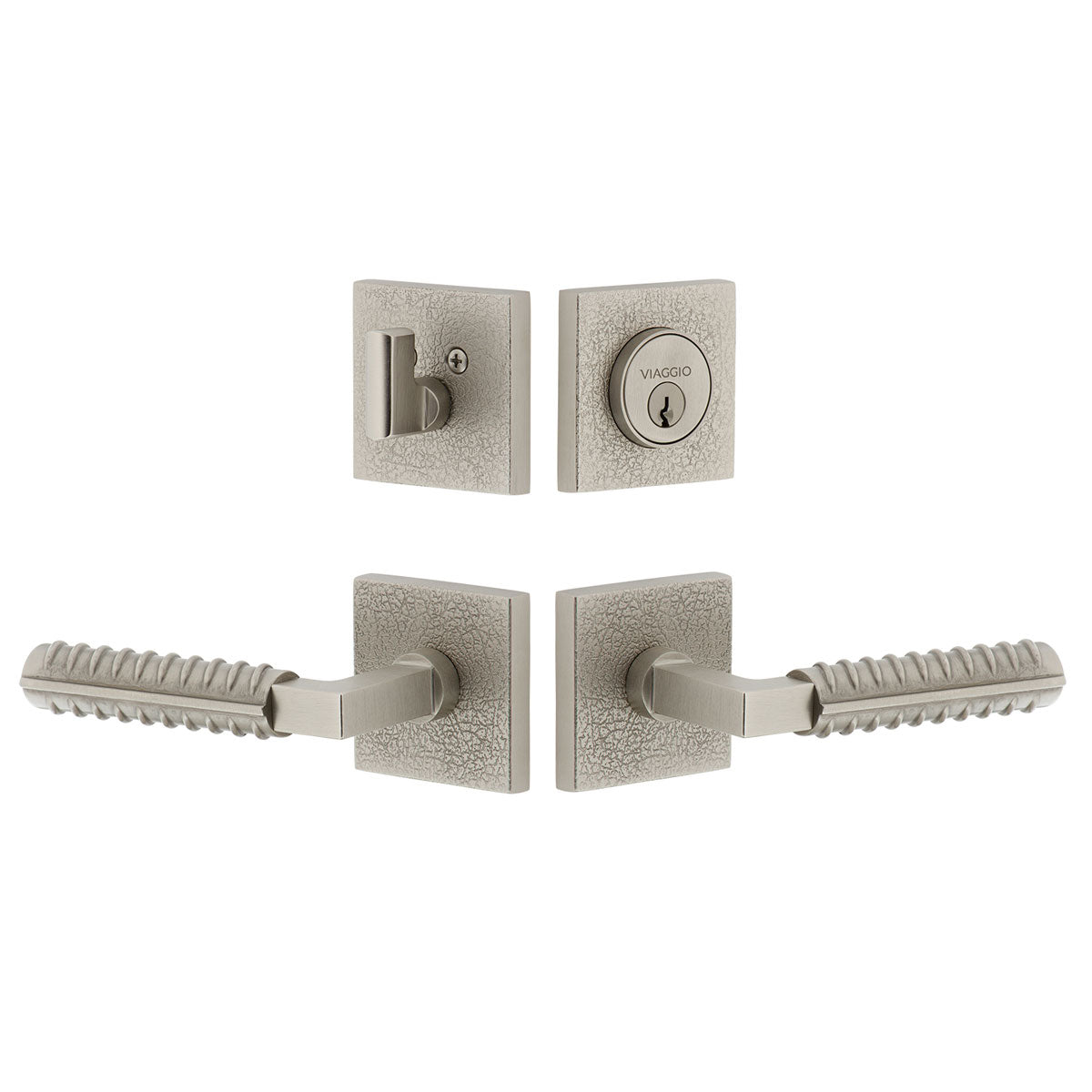 Quadrato Leather Rosette Entry Set with Contempo Rebar Lever in Satin Nickel