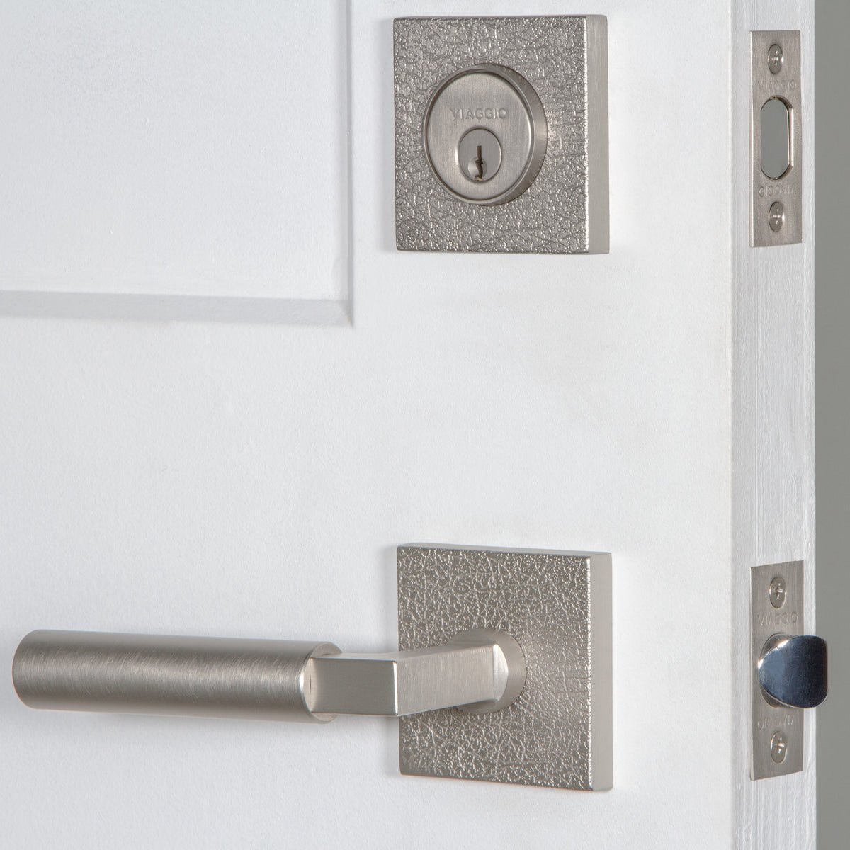 Quadrato Leather Rosette Entry Set with Contempo Lever in Satin Nickel