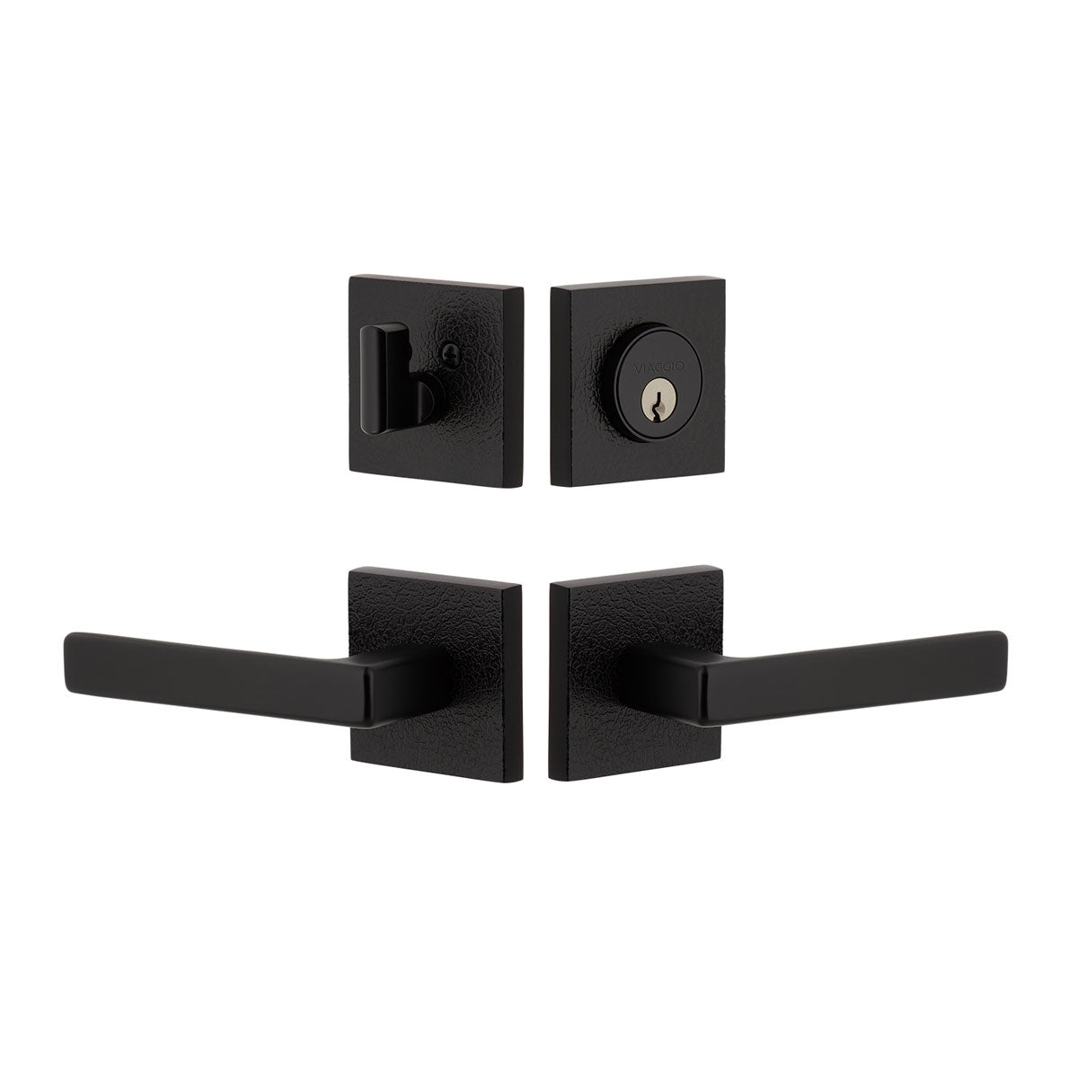 Quadrato Leather Rosette Entry Set with Lusso Lever in Satin Black