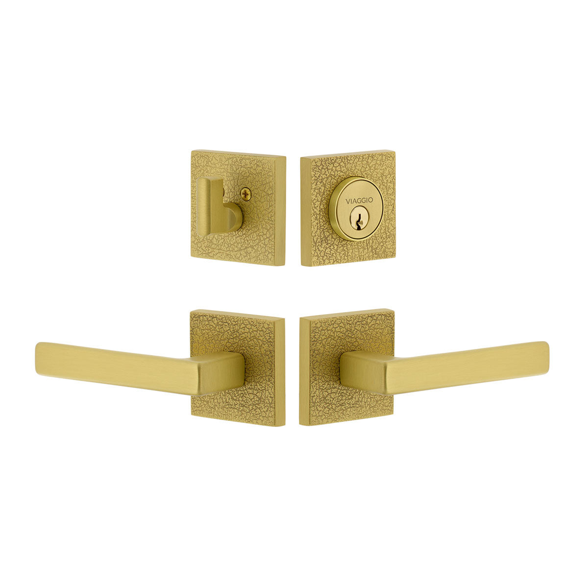 Quadrato Leather Rosette Entry Set with Lusso Lever in Satin Brass