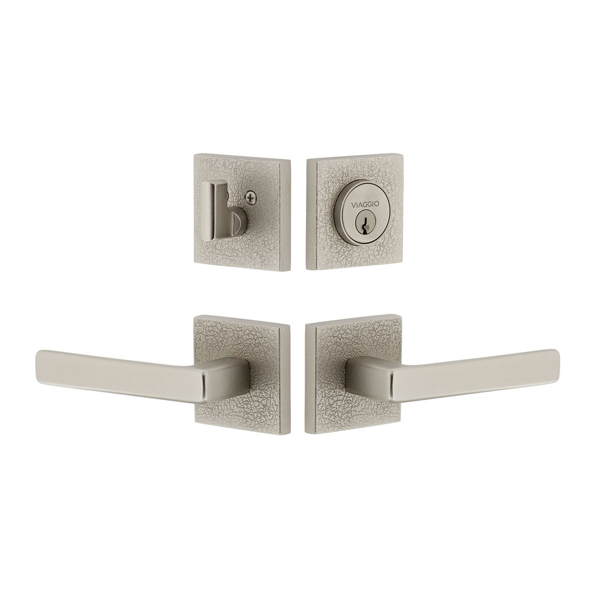 Quadrato Leather Rosette Entry Set with Lusso Lever in Satin Nickel