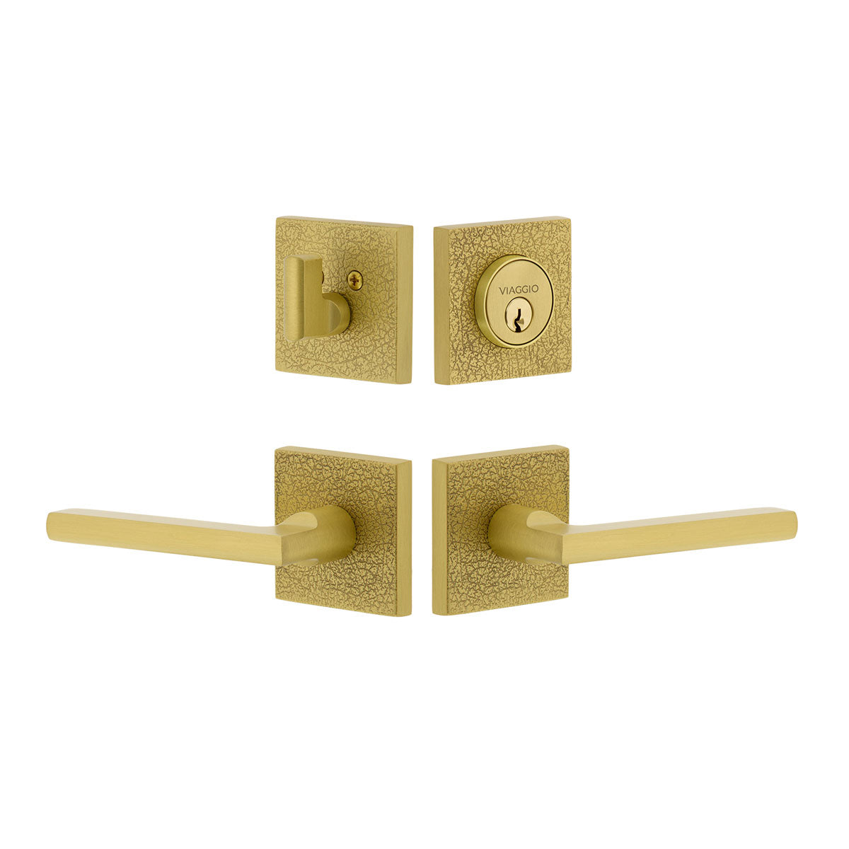 Quadrato Leather Rosette Entry Set with Milano Lever in Satin Brass