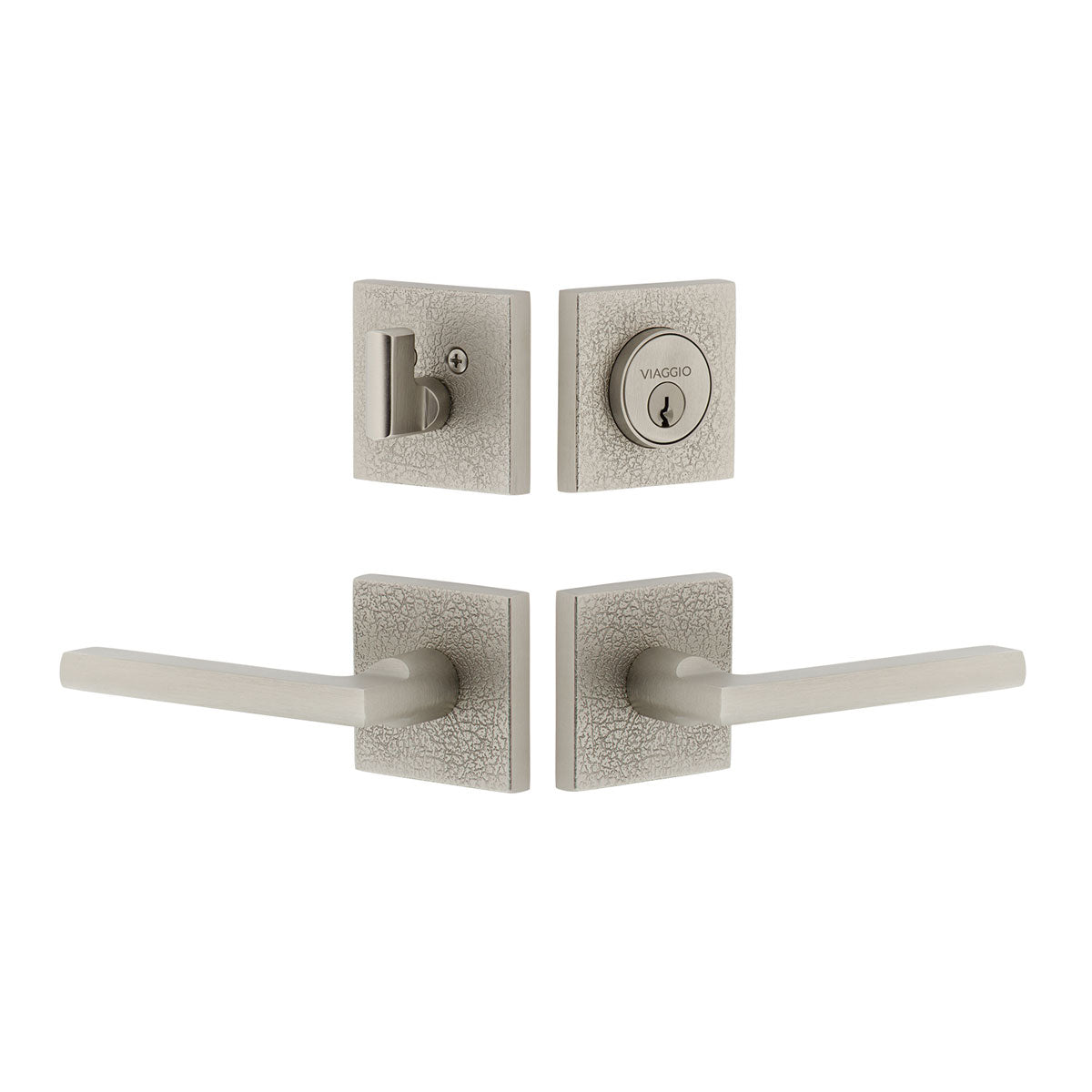 Quadrato Leather Rosette Entry Set with Milano Lever in Satin Nickel