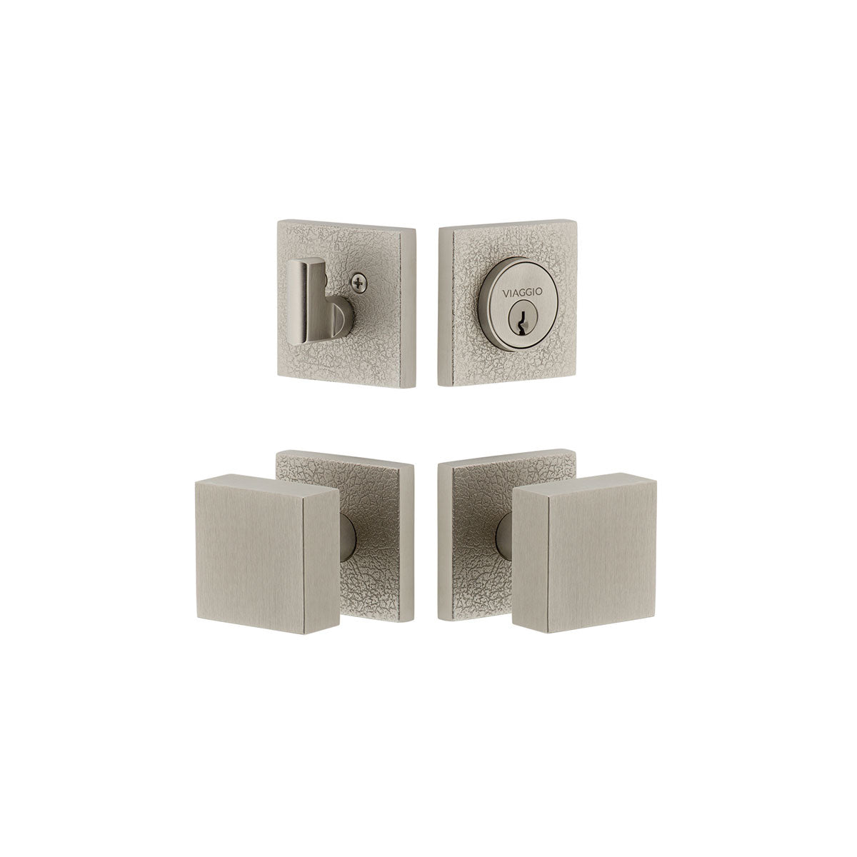 Quadrato Leather Rosette Entry Set with Quadrato Knob in Satin Nickel