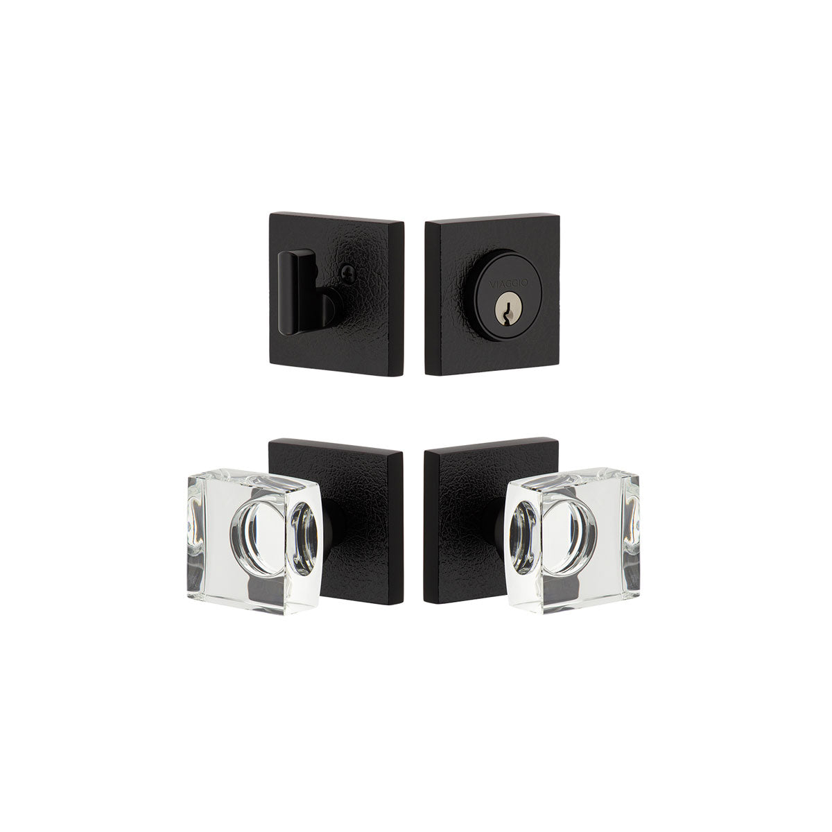 Quadrato Leather Rosette Entry Set with Quadrato Crystal Knob in Satin Black