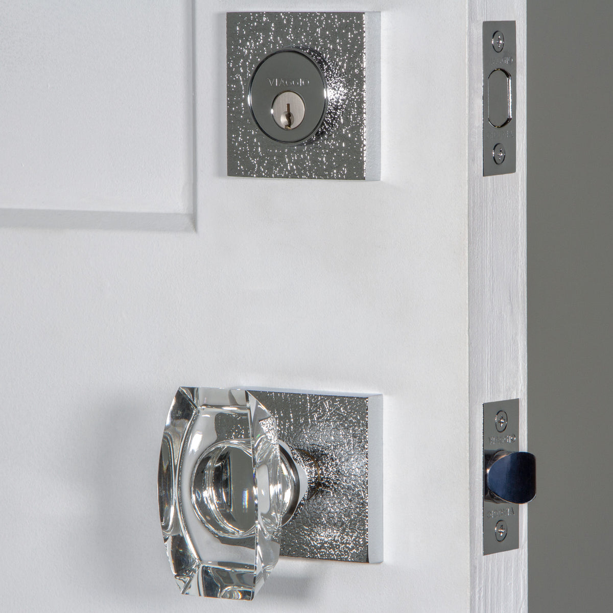 Quadrato Leather Rosette Entry Set with Stella Knob in Bright Chrome