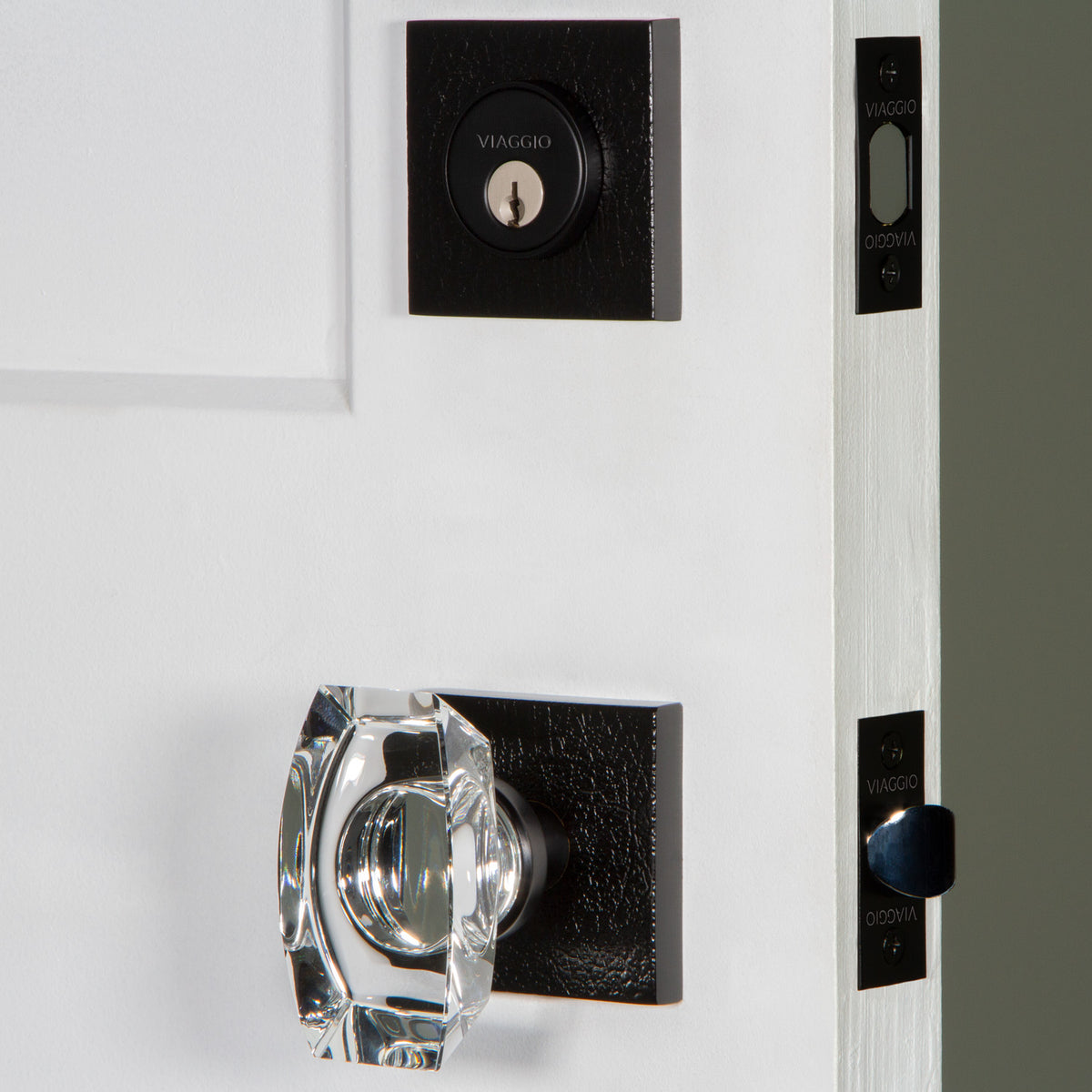 Quadrato Leather Rosette Entry Set with Stella Knob in Satin Black