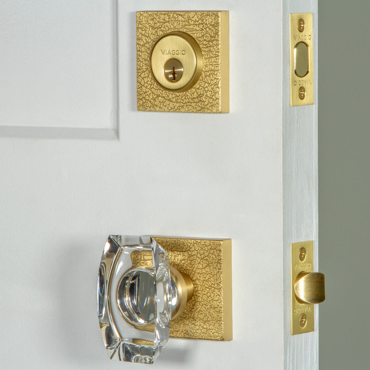 Quadrato Leather Rosette Entry Set with Stella Knob in Satin Brass