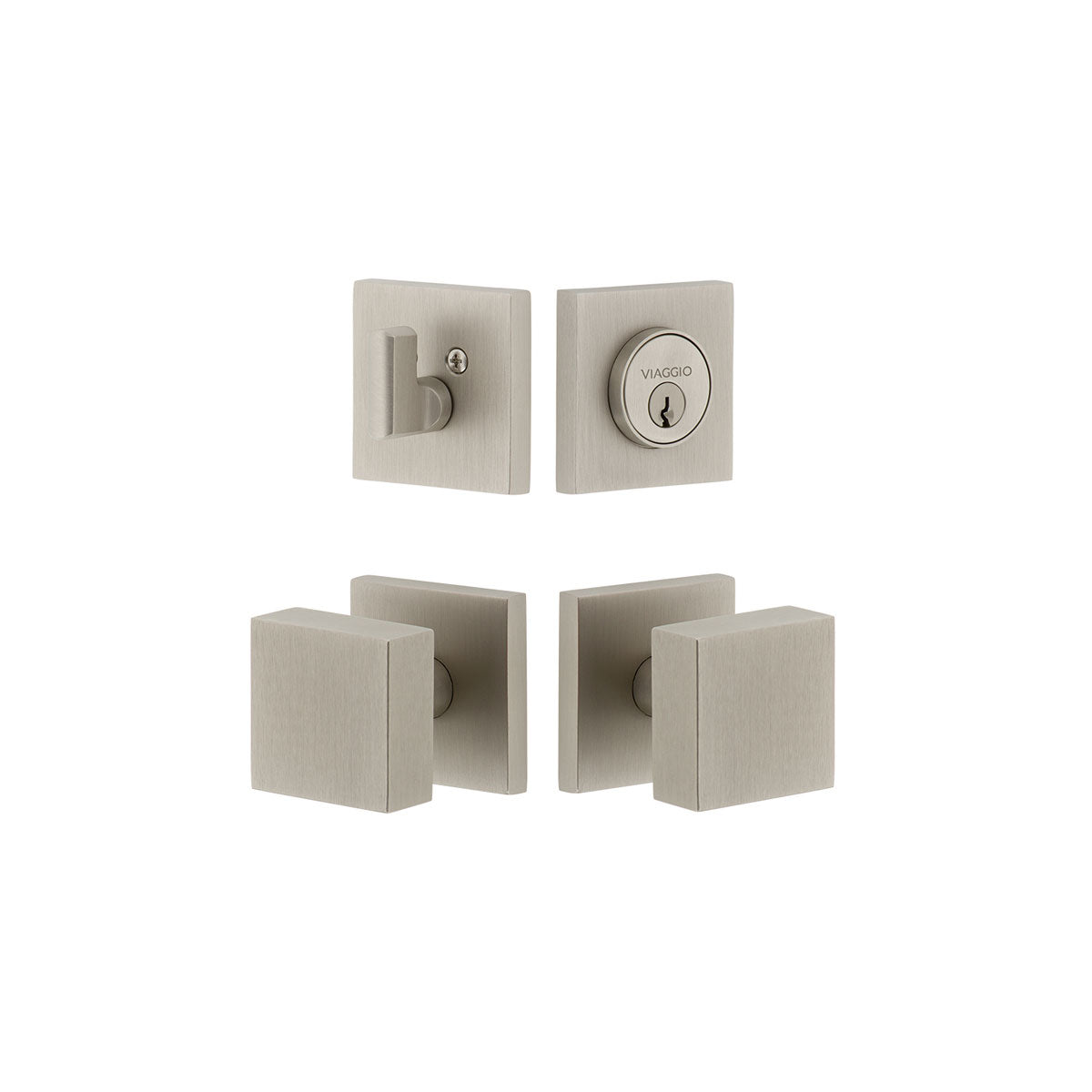 Quadrato Rosette Entry Set with Quadrato Knob in Satin Nickel