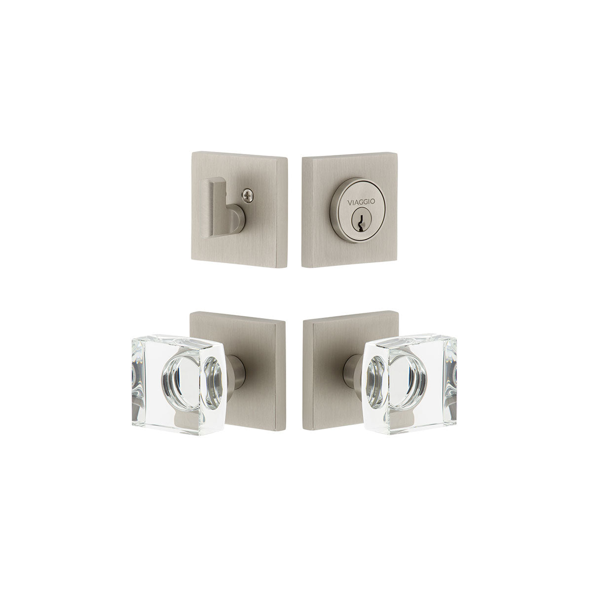 Quadrato Rosette Entry Set with Quadrato Crystal Knob in Satin Nickel