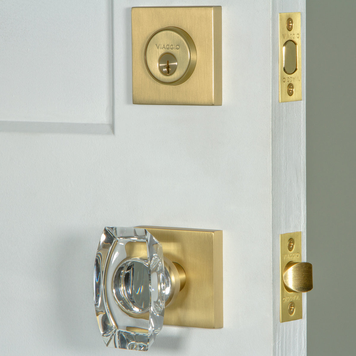 Quadrato Rosette Entry Set with Stella Knob in Satin Brass