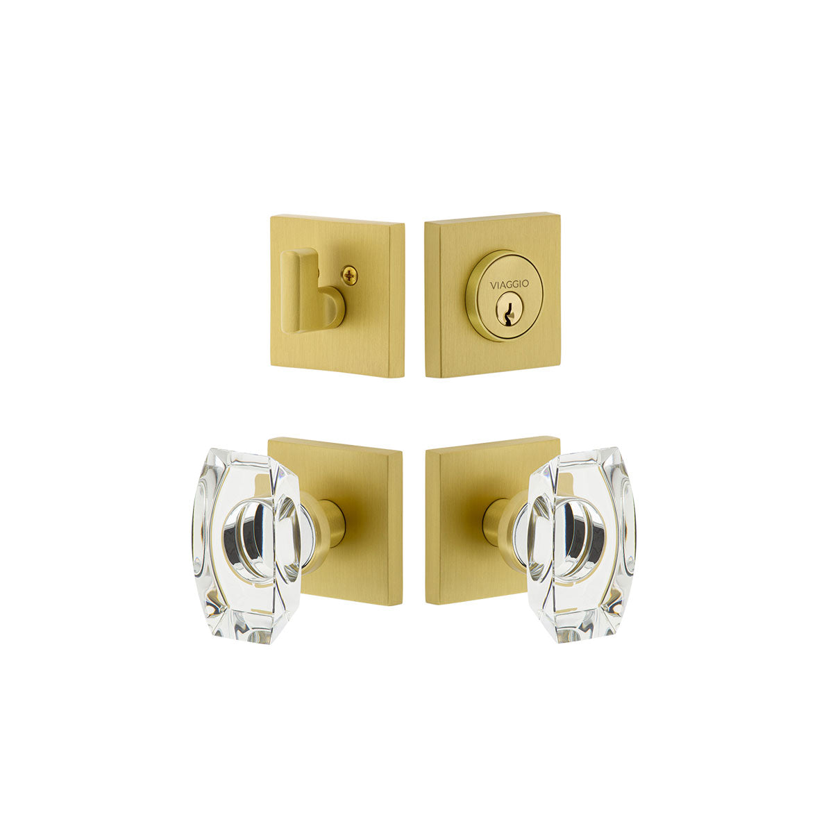 Quadrato Rosette Entry Set with Stella Knob in Satin Brass