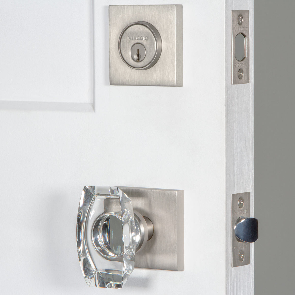 Quadrato Rosette Entry Set with Stella Knob in Satin Nickel